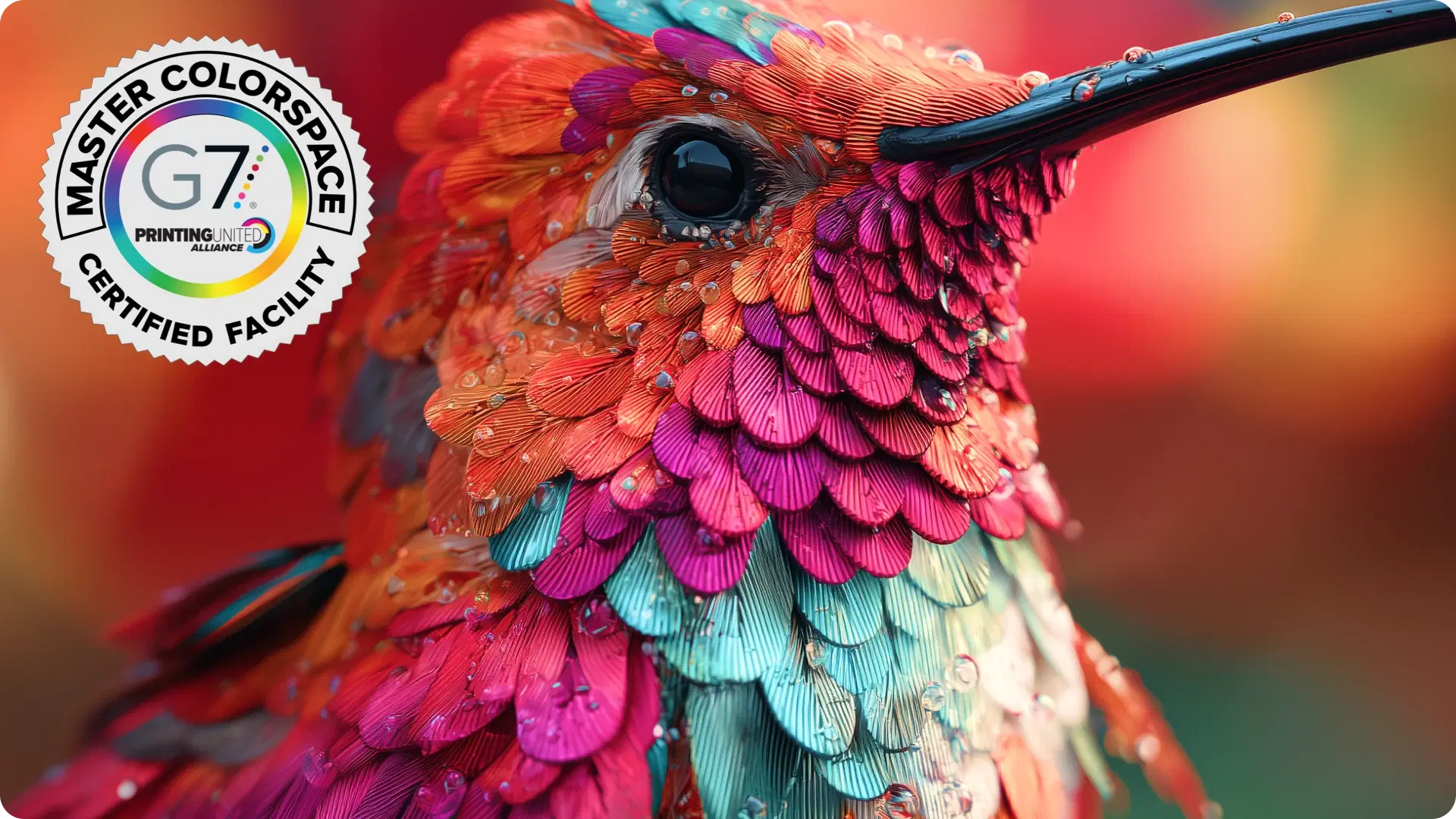 Colorful bird artwork with G7 Master ColorSpace certified facility badge